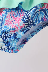 Blue marine creature print ruffle 2pc swimsuit