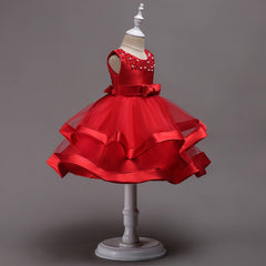 Girls' Satin Princess Dress, Little Host, Pettiskirt, Flower Girl Dress, Hand-Beaded Multi-Color Performance Costume