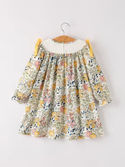 Fall  Embroidery Smocking Bow Floral Leaf Baby Girls Dress