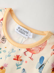 Charming Chicken & Butterfly Girls Dress with Cute Ruffled Pockets