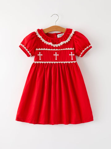 Girls Embroidered Dress with Lace Trim