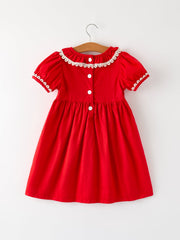 Girls Embroidered Dress with Lace Trim