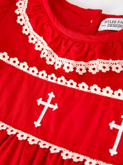 Girls Embroidered Dress with Lace Trim