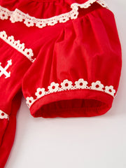 Girls Embroidered Dress with Lace Trim