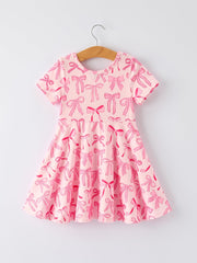 Girls Pink Dress with Bow Pattern - Cute Short Sleeve Outfit