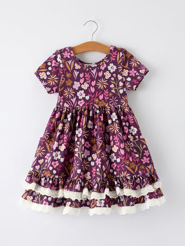 Retro Floral Print Short Sleeve  Girls Dress  with Pockets