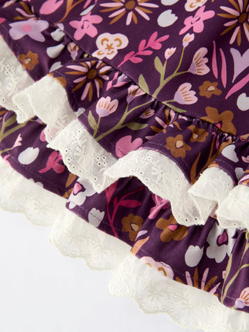 Retro Floral Print Short Sleeve  Girls Dress  with Pockets