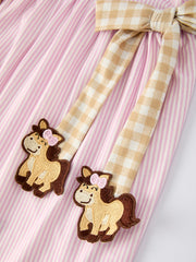 Farm Horse Bow Girls Dress – Pink Stripes