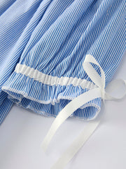 Girls Dress – Blue Striped Smocked Outfit with Short Sleeves