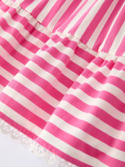 Spring  Pink Striped Ruffled Girls' Dress with Hat