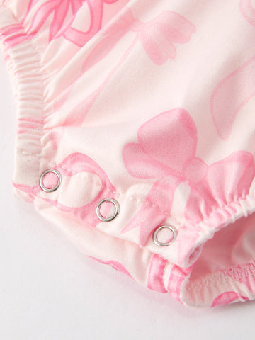 Girls Pink Bow Print Short Sleeves Romper