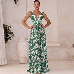 Flaxmaker Deep V-Neck Swimsuit & Pants Set – Women’s Printed One-Piece Beachwear 2025