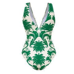 Flaxmaker Deep V-Neck Swimsuit & Pants Set – Women’s Printed One-Piece Beachwear 2025