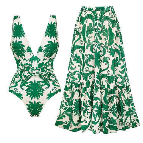 Flaxmaker Deep V-Neck Swimsuit & Pants Set – Women’s Printed One-Piece Beachwear 2025
