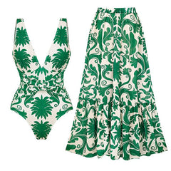 Flaxmaker Deep V-Neck Swimsuit & Pants Set – Women’s Printed One-Piece Beachwear 2025