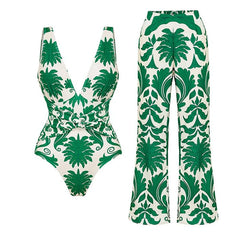 Flaxmaker Deep V-Neck Swimsuit & Pants Set – Women’s Printed One-Piece Beachwear 2025