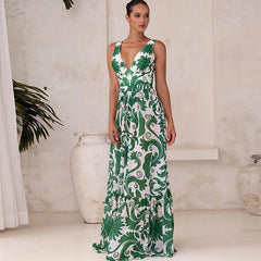 Flaxmaker Deep V-Neck Swimsuit & Pants Set – Women’s Printed One-Piece Beachwear 2025