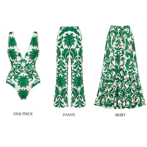 Flaxmaker Deep V-Neck Swimsuit & Pants Set – Women’s Printed One-Piece Beachwear 2025