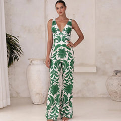 Flaxmaker Deep V-Neck Swimsuit & Pants Set – Women’s Printed One-Piece Beachwear 2025