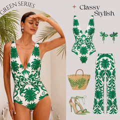 Flaxmaker Deep V-Neck Swimsuit & Pants Set – Women’s Printed One-Piece Beachwear 2025