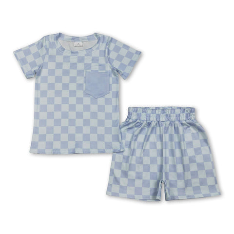 Short sleeves light blue plaid top shorts boys outfits