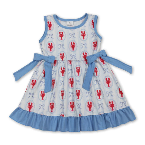 Sleeveless light blue bow ruffle crawfish kids girls dresses