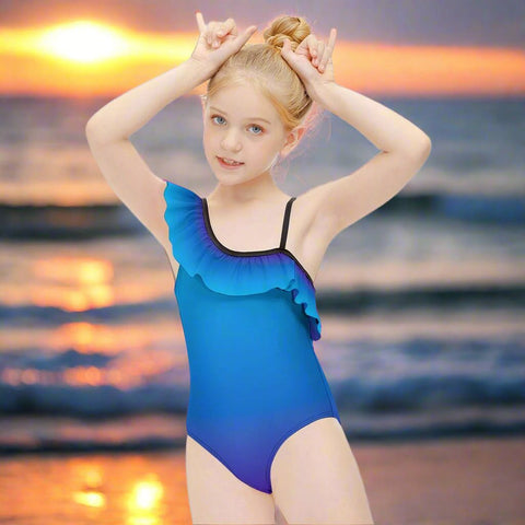 Girls Ombré Ruffled One-Shoulder 🩱 One Piece Swimsuit 