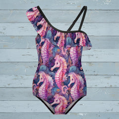 Girls Seahorse Ruffled One Piece Swimsuit
