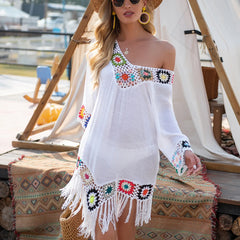 White Crochet Bikini Cover-Up – Fringe Trim Hollow Beach Dress