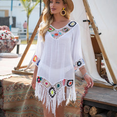 White Crochet Bikini Cover-Up – Fringe Trim Hollow Beach Dress