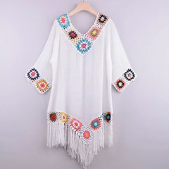 White Crochet Bikini Cover-Up – Fringe Trim Hollow Beach Dress
