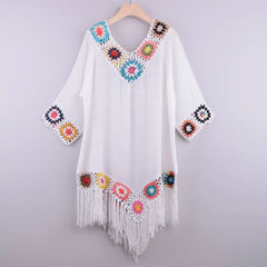 White Crochet Bikini Cover-Up – Fringe Trim Hollow Beach Dress