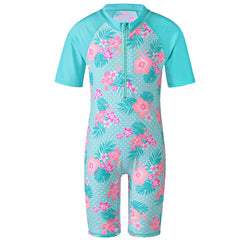 Cyan Flower Girls Swimsuit – Kids UV-Protection One-Piece Swimwear 2025