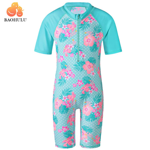 Cyan Flower Girls Swimsuit – Kids UV-Protection One-Piece Swimwear 2025