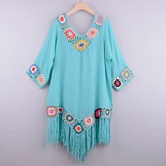 White Crochet Bikini Cover-Up – Fringe Trim Hollow Beach Dress