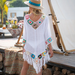 White Crochet Bikini Cover-Up – Fringe Trim Hollow Beach Dress