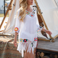 White Crochet Bikini Cover-Up – Fringe Trim Hollow Beach Dress