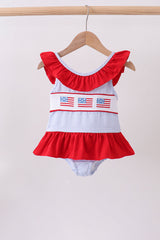 Blue seersucker flag smocked ruffle swimsuit