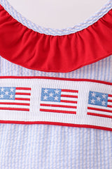 Blue seersucker flag smocked ruffle swimsuit