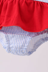 Blue seersucker flag smocked ruffle swimsuit