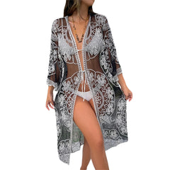 Summer Printed Midi Beach Dress – Women’s 3/4 Sleeve Tie-Up Swimsuit Cover-Up