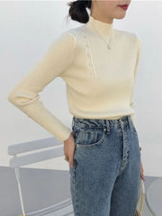 Women’s Knitted Turtleneck Sweater – Slim Button Pullover