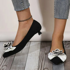 2025 Women Pumps Med Heel Square Point Toe Camellia Flower Pumps Office Lady Leahter Shoes Soft Soles Slip On