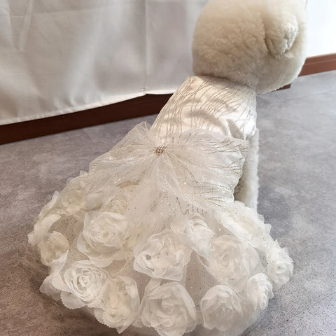 Luxury Lace Rose Dog Dress – White & Pink Wedding Outfit for Small Pets