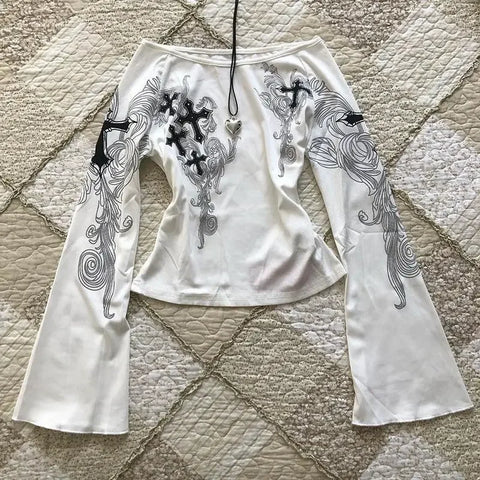 Vintage Off-Shoulder Flared Sleeve Top