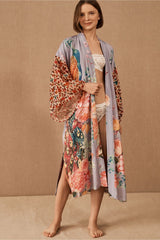 Peacock Print Beach Kimono – Self-Belted Swimsuit Cover-Up Wrap Dress