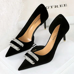 Velvet Pointed Toe Hollow Pumps – Crystal Buckle Thin High Heels (Purple)