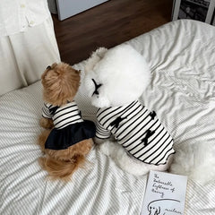 Summer Striped Dog Dress – Bow Collar Outfit for Small Dogs, Black & White Pet Clothes