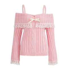Women’s Off-Shoulder Pink Knit Sweater – Bow Lace Patchwork Pullover