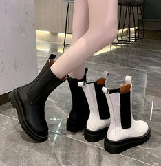 Black Ladies Boots Elegant with Low Heels Shoes for Women Chelsea Mid Calf Half High Footwear Spring Autumn Sale Quality 2025 Pu
